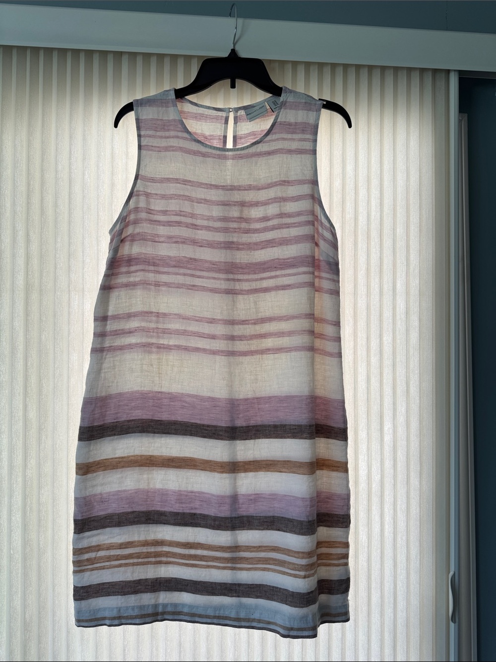 Sleeveless Striped Linen Blend Dress in Lavender and Tan